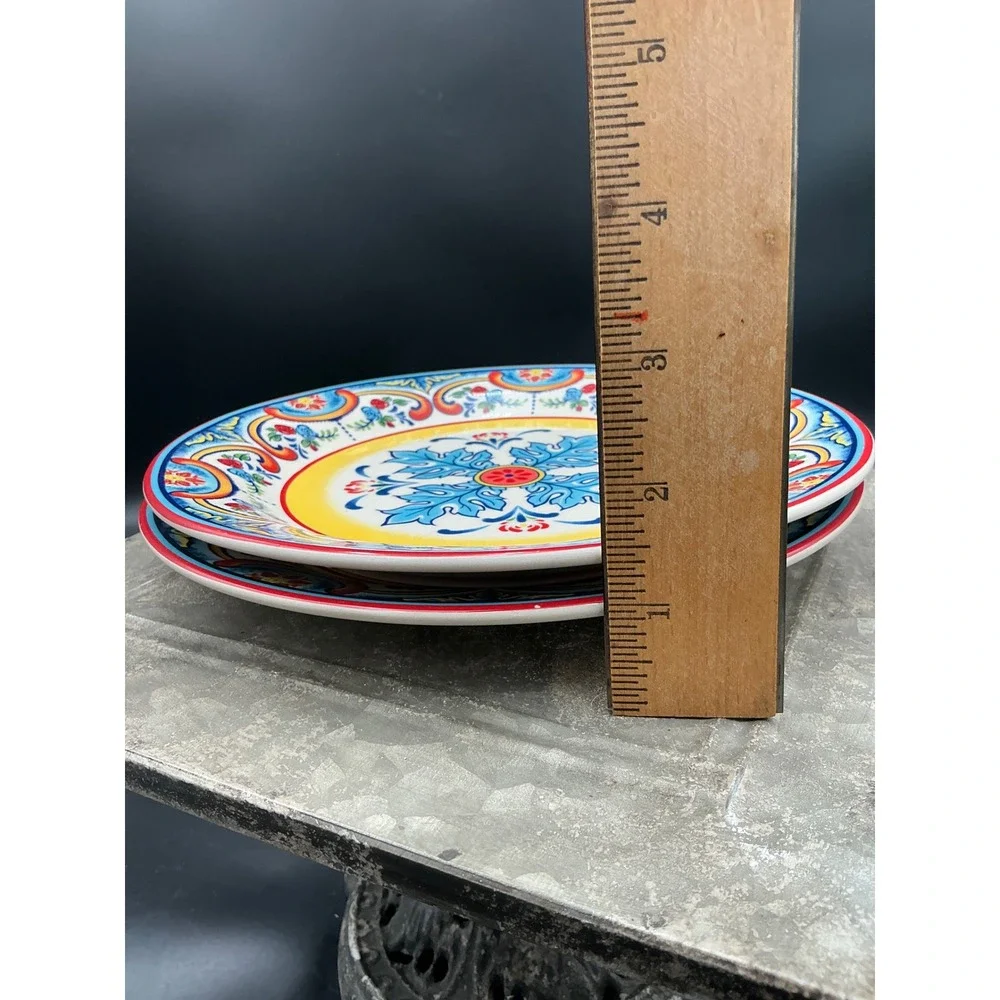 Euro Ceramica Zanzibar Salad Plates Set of 2 Blue Yellow Red Spanish  8.25in